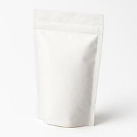 White Paper Pouch for Seeds in High Definition Photorealistic Detail with Satiny Finish on Clean Isolated White Background in Ultra High Resolution Perspective View from Above photo