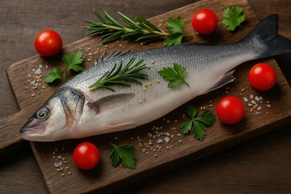 Fresh Raw Sea Bass with Herbs and Cherry Tomatoes on Rustic Cutting Board for Gourmet Culinary Preparation