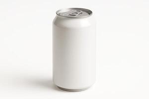 Blank white aluminum can standing on white background. Studio product mockup with copy space. Beverage packaging template. photo