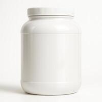 Blank white plastic jar with screw cap on white background. Studio product mockup with copy space. Supplement or protein container packaging template. photo