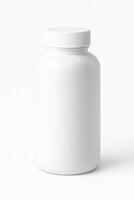 White Cylindrical Plastic Bottle with Screw Cap for Vitamins on Clean Isolated White Background, Photorealistic High Resolution, Professional Studio Lighting, Smooth Surface in Front View photo
