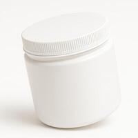 White Cylindrical Plastic Jar With Screw Lid for Hair Mask on White Background, Angled Side View, Ultra High Resolution, Photorealistic Studio Lighting, Smooth Surface, Professional Isolation photo