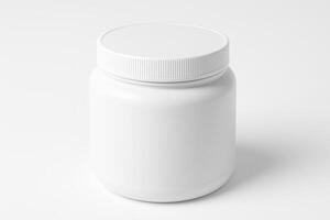 White Cylindrical Plastic Jar With Screw Lid for Protein Powder on Clean Isolated White Background, High Angle View, in Ultra High Resolution With Photorealistic Professional Studio Lighting photo