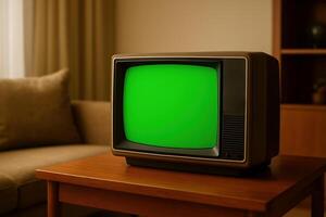 Vintage Retro Box TV with Green Screen Mock Up on Wooden Table in Cozy Living Room with Soft Lighting photo