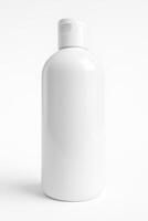 Glossy White Plastic Shower Gel Bottle with Flip Top Cap on Isolated Background, Professional Studio Lighting, Photorealistic Ultra High Resolution Image with Clean Minimal Design photo