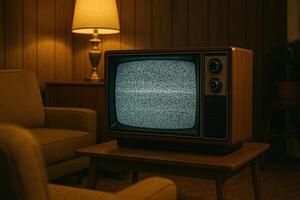 Vintage Television with Static Noise in Retro Living Room Setting with Warm Ambient Lighting for Nostalgic Interior Design photo