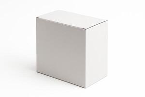 White Rectangular Cardboard Box for Electronics in Angled Side View with Matte Finish on Isolated White Background, Featuring Ultra High Resolution and Photorealistic Professional Studio Lighting photo