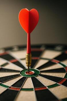 Dart Hitting Bullseye on Dartboard with Shallow Depth of Field in Heart Shape Red Dart for Precision and Accuracy Concept photo