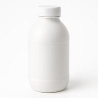White Round Plastic Bottle with Screw Cap in Three Quarter View on Textured Surface with Professional Studio Lighting Isolated on Clean White Background in Ultra High Definition Photorealistic Style photo