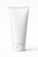 White Cylindrical Plastic Tube with Flip Top Cap for Face Wash on Smooth Surface, Eye Level Perspective, Ultra High Resolution, Professional Studio Lighting, Clean Isolated White Background photo