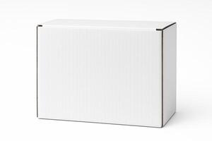 White Rectangular Corrugated Cardboard Box for Shipping with Textured Surface on Clean Isolated White Background in Ultra High Resolution and Photorealistic Professional Studio Lighting photo