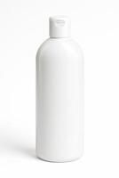 White Cylindrical Plastic Bottle with Flip Top Cap for Dish Soap with Glossy Finish and Photorealistic Detail, Perspective Front View, Professional Studio Lighting on Isolated White Background photo