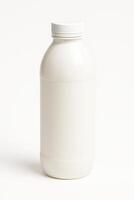 White Cylindrical Plastic Bottle with Screw Cap in Three Quarter View on Clean White Background, Ultra High Resolution, Photorealistic Studio Lighting, Ideal for Product Display and Packaging Design photo