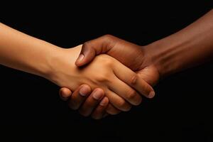 Diverse People Making Handshake Gesture Against Black Background Symbolizing International Friendship and Unity photo