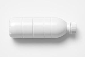 White Cylindrical Plastic Bottle with Screw Cap in Flat Lay View on Clean Isolated White Background with Glossy Finish in Ultra High Resolution Photorealistic Style photo