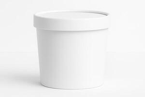 White Cylindrical Paperboard Tub with Lid for Soup in Front View on Isolated White Background, Ultra High Resolution, Photorealistic Studio Lighting, Smooth Surface in Professional Setting photo