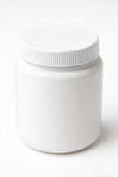 White Cylindrical Plastic Jar With Screw Lid for Body Butter in High Angle View on Smooth Surface, Ultra High Resolution and Photorealistic Design With Clean Isolated White Background photo