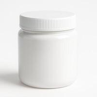 White Cylindrical Plastic Jar With Screw Lid for Spices With Glossy Finish in Professional Studio Lighting on Clean Isolated White Background photo
