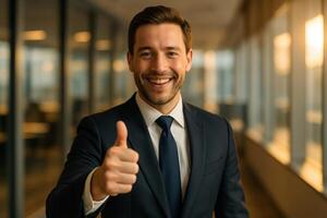 Businessman Giving Thumbs Up in Modern Office with Warm Golden Hour Lighting, Confident Expression, Professional Atmosphere, Happy Mood, Success and Achievement in Corporate Environment photo