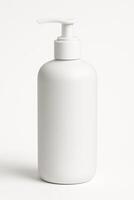 White Cylindrical Plastic Bottle with Pump Dispenser for Skincare Lotion on Clean Isolated White Background, Front View, Matte Finish, High-Resolution Photorealistic Studio Lighting photo