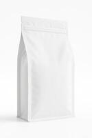 White Stand Up Pouch with Zipper Lock for Coffee Beans, Side View, Photorealistic, Ultra High Resolution, Professional Studio Lighting, Clean Isolated White Background, High Definition Detail photo