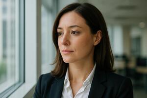 Thoughtful Businesswoman Looking Out Office Window in Corporate Setting with Shallow Depth of Field photo