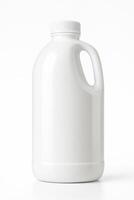 White Cylindrical Plastic Bottle with Handle and Screw Cap for Liquid in Ultra High Resolution Photorealistic Studio Setting with Clean Isolated White Background photo