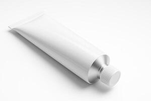 White Cylindrical Plastic Tube with Screw Cap in Angled Side View on White Background Glossy Finish Ultra High Resolution Photorealistic Professional Studio Lighting Clean Isolated Image photo