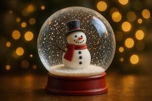 Christmas Snow Globe With Snowman Inside and Sparkling Lights in High Dynamic Range Image photo