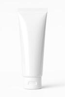 White Cylindrical Plastic Tube with Screw Cap for Ointment Front View Glossy Finish Ultra High Resolution Photorealistic Studio Lighting Isolated White Background High Definition Detail photo