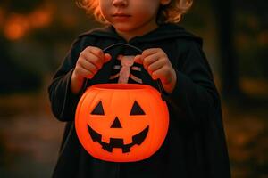 Halloween Child in Costume Holding Jack O Lantern Bucket at Night with Diffused Sunlight for Spooky Holiday Background photo