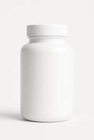 White Cylindrical Plastic Bottle with Screw Cap for Vitamins in Ultra High Definition Front View Isolated on Clean White Background photo