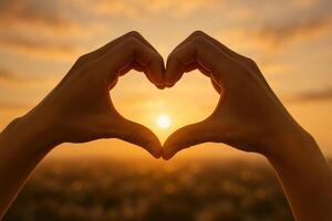 Sunset Heart Hands Gesture with Bokeh Effect for Valentine's Day Romance and Love Themes photo