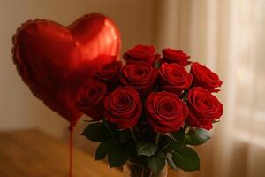 Valentine's Day Bouquet of Red Roses and Heart-Shaped Balloon in Romantic Setting with Soft Natural Light photo