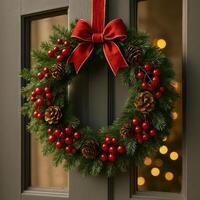 Christmas wreath made of pine branches, red berries, and pine cones with red velvet bow hanging on dark wooden door. Studio still life photography. photo