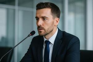 Businessman Speaking Into Microphone During Conference in Professional Setting photo