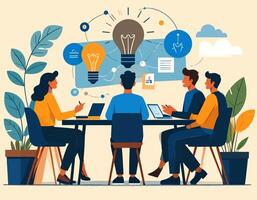 Team Brainstorming Session Around Table with Lightbulb Ideas vector
