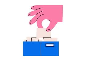 Hand drawn cute illustration of hand takes document from file archive. Flat information storage doodle. Management icon. Office paper in human arm. Catalog or database. Isolated. vector