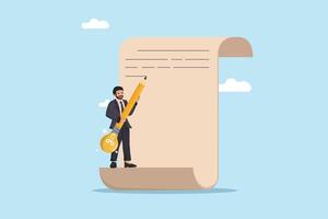 Documenting Creative Ideas Illustration of a Businessman Writing on a Large Scroll with a Pencil Featuring a Light Bulb, Representing the Process of Recording Innovative Concepts. vector