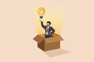 Thinking Outside the Box Illustration of a Businessman Emerging from a Cardboard Box with a Bright Idea Light Bulb. vector
