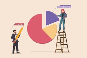 Analyzing Business Proportions a Man with a Large Pencil and a Woman on a Ladder Examining a Pie Chart. vector
