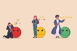 Illustrating the Spectrum of Customer Satisfaction From Deeply Frustrated with Negative Feedback to Absolutely Delighted with Five Star Reviews. vector