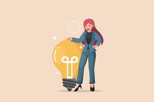 Approved Innovative Idea Illustration of a Confident Businesswoman Standing Beside a Glowing Light Bulb with a Checkmark, Symbolizing a Validated and Successful Concept. vector