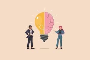 Creative Collaboration a Man and Woman Presenting a Combined Idea Represented by a Half Light Bulb and Half Human Brain Symbolizing Innovation and Imagination. vector