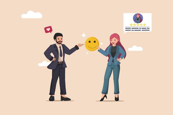 Sharing Positive Customer Feedback Businessman and Businesswoman Presenting a Happy Smiley Face and Five Star Review.