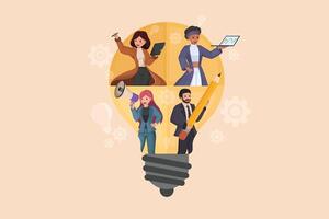 Collaborative Innovation Hub Diverse Team Working Together Inside a Giant Light Bulb, Representing Shared Ideas and Collective Creativity. vector