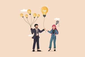 Businessman Presenting a Light Bulb to a Woman, Symbolizing Innovation and Collaboration, Symbolizing Idea Generation and Letting Go of Ineffective Concepts. . vector