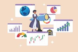 Global Financial Outlook and Investment Strategy A Businesswoman Using a Telescope to Observe Worldwide Economic Trends and Market Analysis. vector