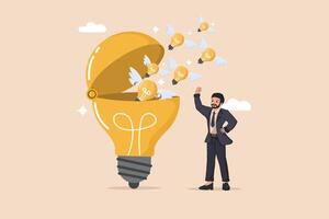 Unlocking Creative Potential Illustration of a Light Bulb Opening to Release Smaller, Winged Light Bulbs, Symbolizing the Generation of Innovative Ideas. vector