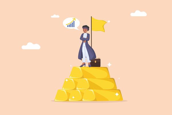 Achieving Financial Success A Confident Businesswoman Standing Atop a Pile of Gold Bars with a Growth Chart.